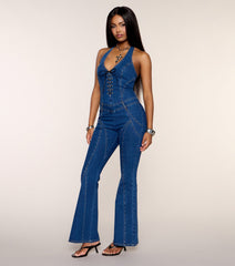 Fit Check Denim Halter Lace-Up Jumpsuit