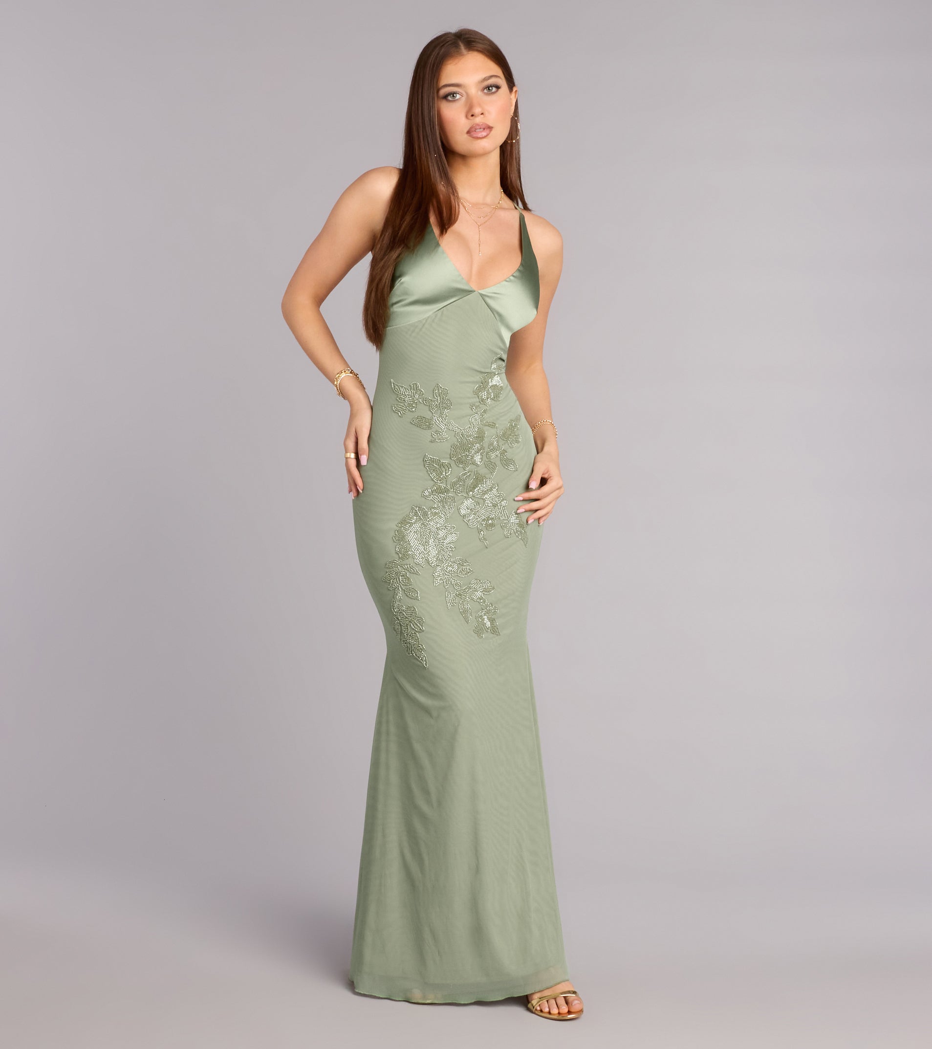 Adrian Beaded Floral Mermaid Dress