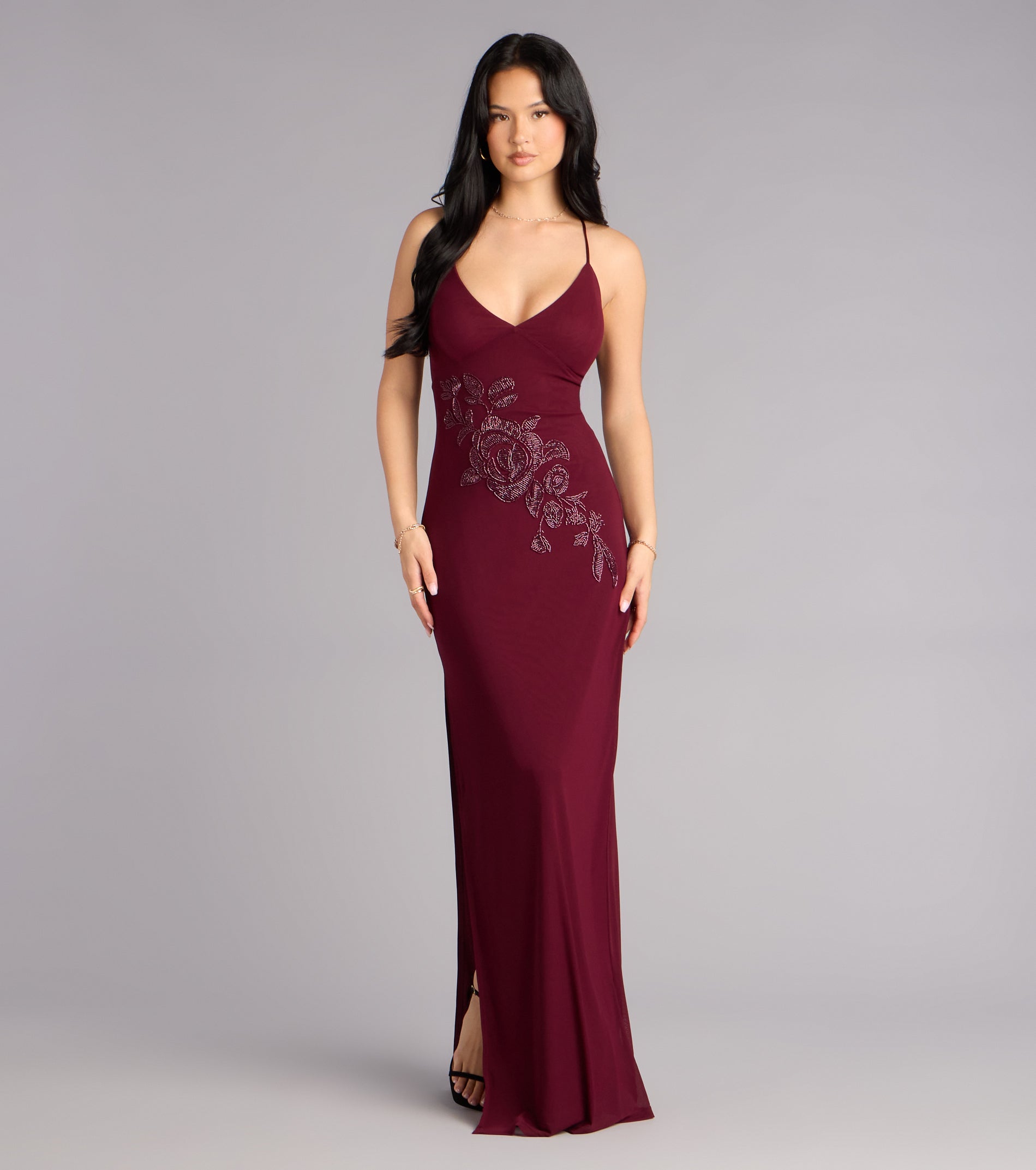 Adriane Beaded Floral Lace-Up Formal Dress