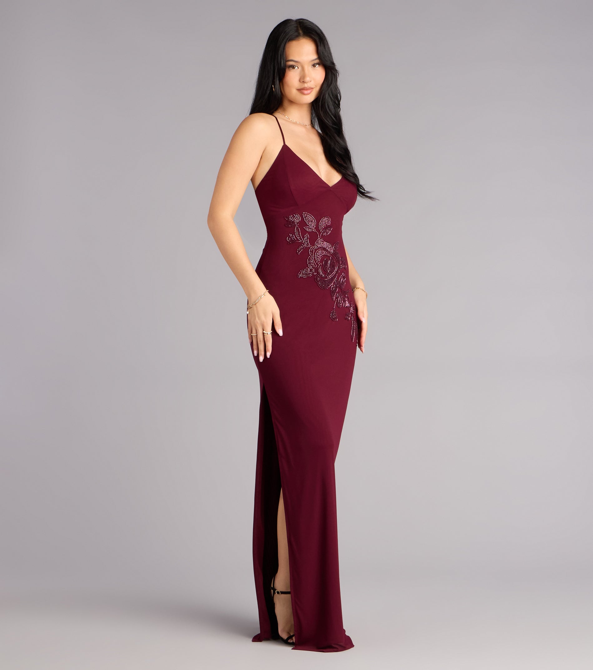 Adriane Beaded Floral Lace-Up Formal Dress