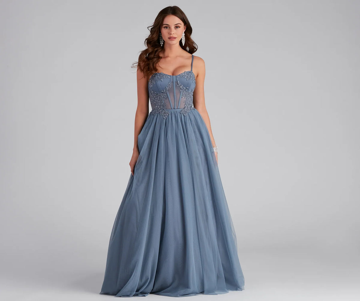 AJ Embroidered Mesh Corset A-Line Gown