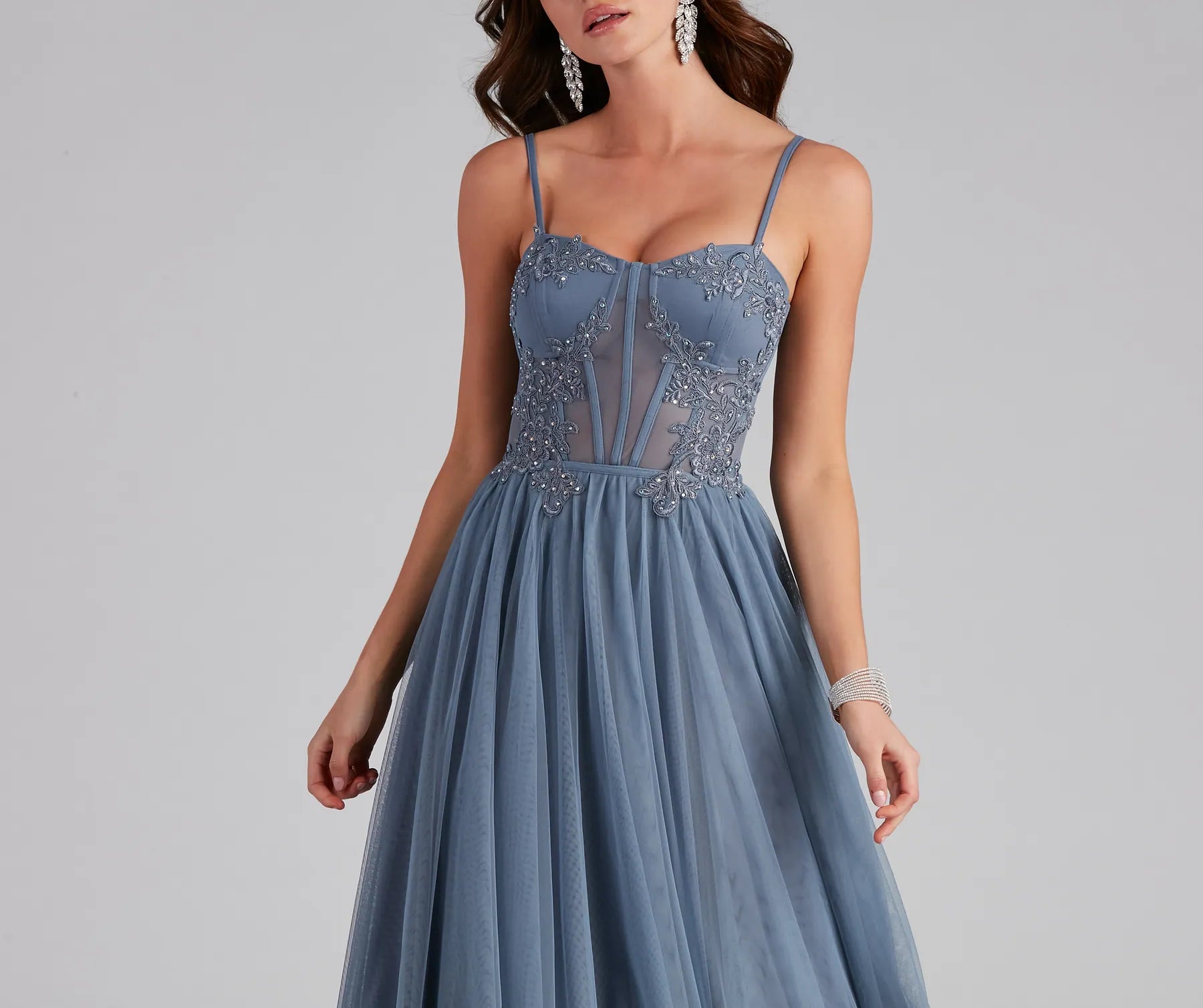 AJ Embroidered Mesh Corset A-Line Gown